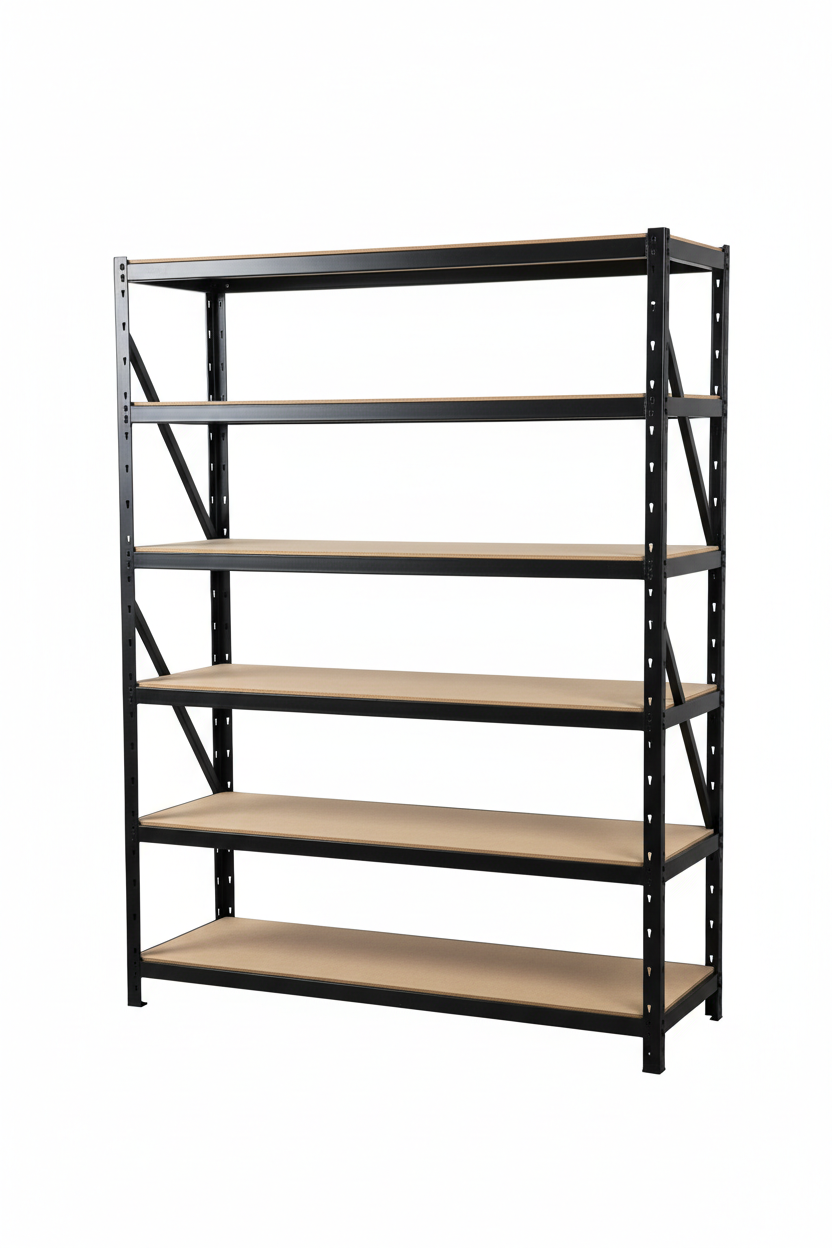 Black 5-tier boltless shelving unit for garage and shed storage