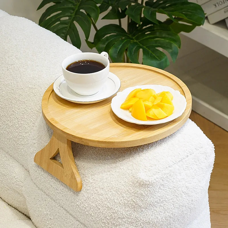 Foldable Couch Tray Wood Sofa Clip on Side Table for Wide Couches Arm Tray Clipon with Rotating Phone Holder