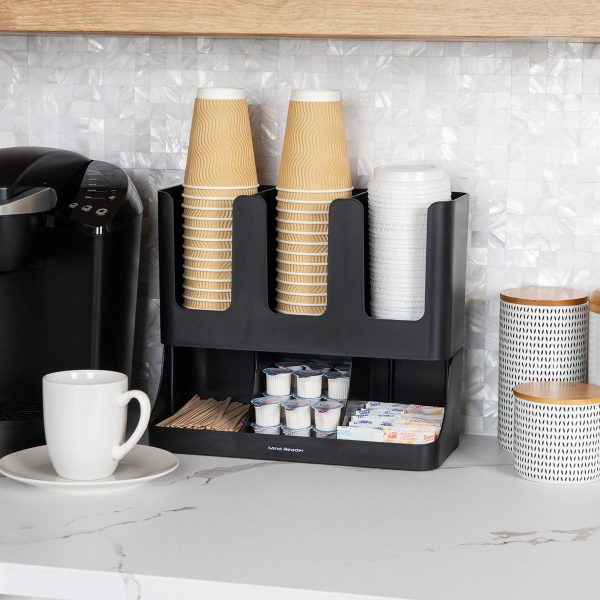VCCUIOB 6-Compartment Upright Coffee Condiment & Cup Organizer - Sleek Black Design for Breakroom Efficiency