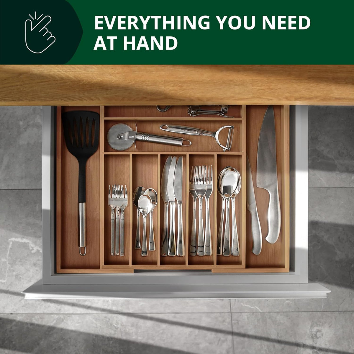 Bamboo Cutlery Tray – 9-Slot Kitchen Drawer Organiser for Flatware & Utensils
