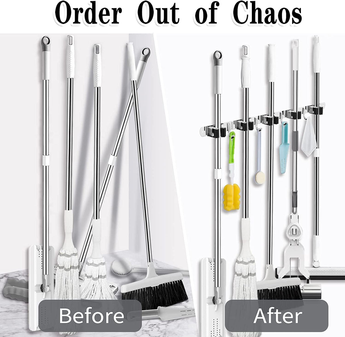 Wall-Mounted Mop & Broom Holder – 9-Slot Stainless Steel Organiser with Hooks