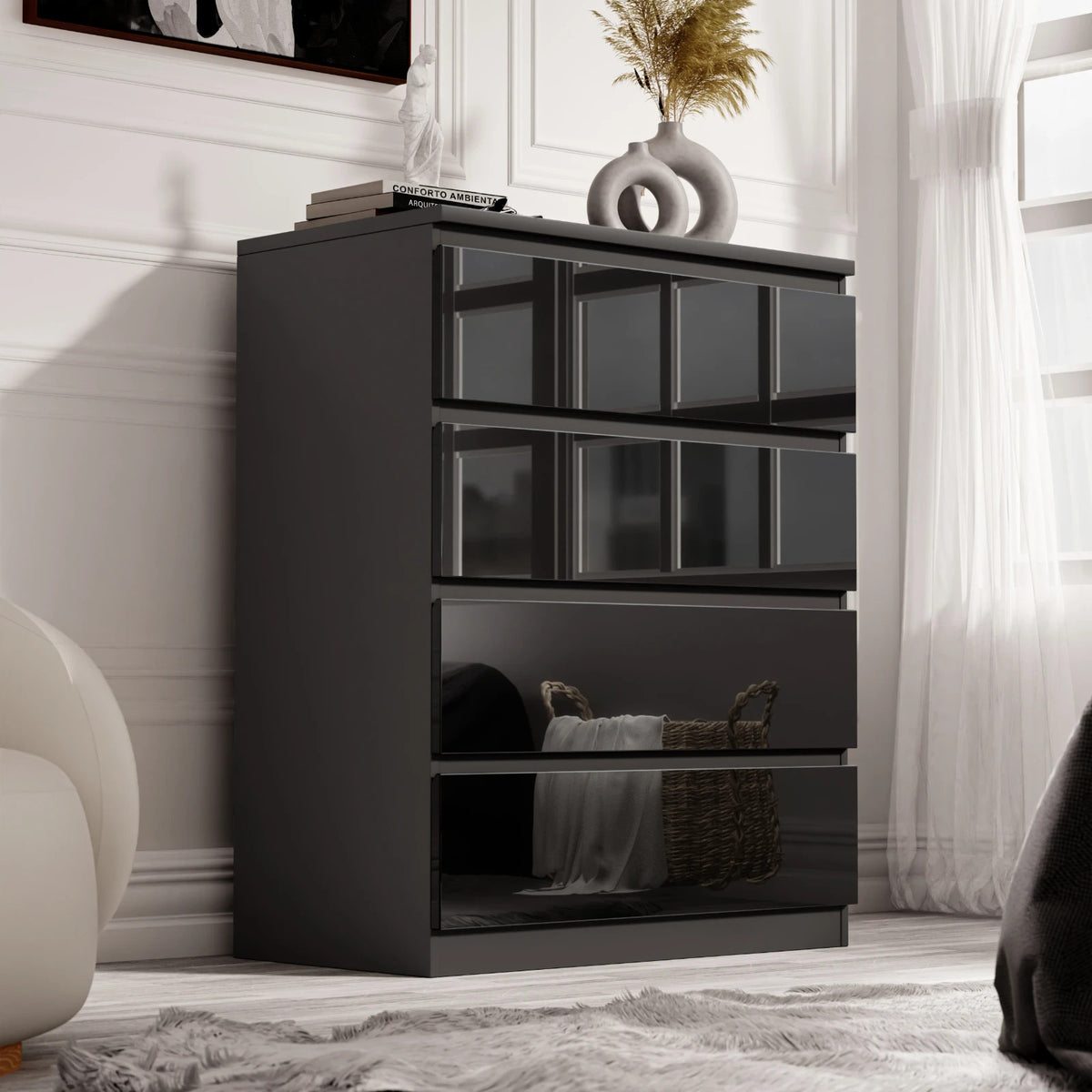 High Gloss Chest of Drawers – Tall & Wide Bedroom Storage Cabinet