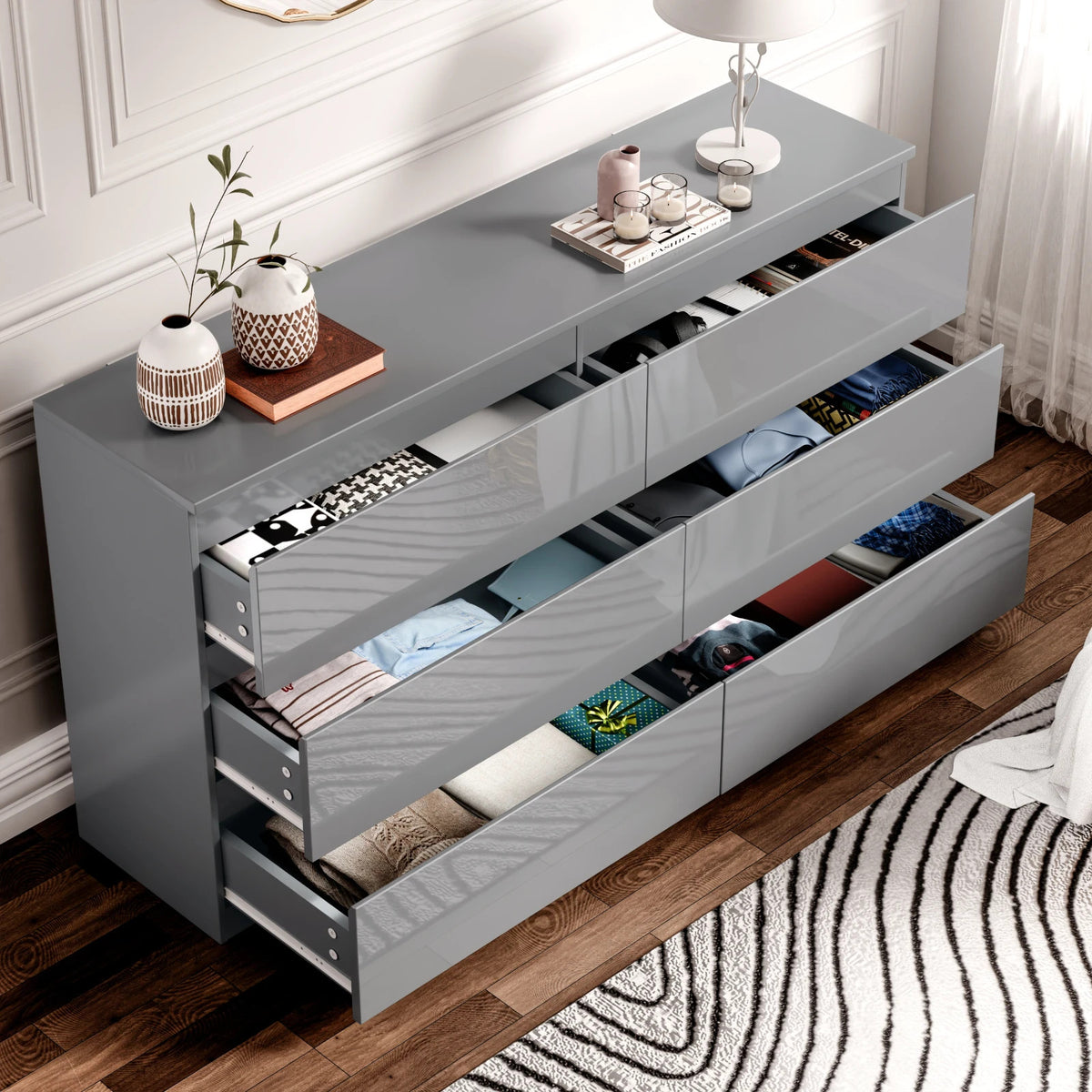 High Gloss Chest of Drawers – Tall & Wide Bedroom Storage Cabinet