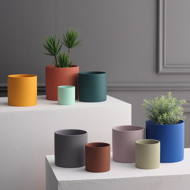 Nordic Ceramic Flowerpot – Cylindrical Succulent Planter with Drainage Tray