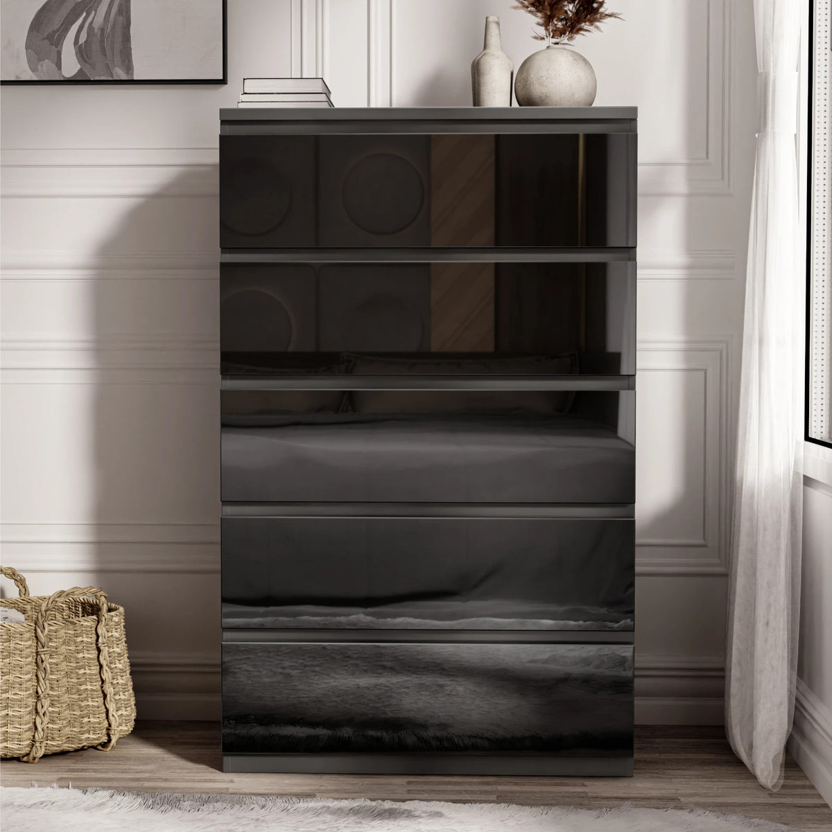 High Gloss Chest of Drawers – Tall & Wide Bedroom Storage Cabinet