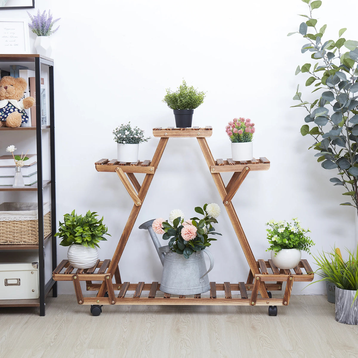 Triangular 6-Pot Carbonized Wood Plant Stand on Wheels - Tiered Display Rack for Balcony & Indoor