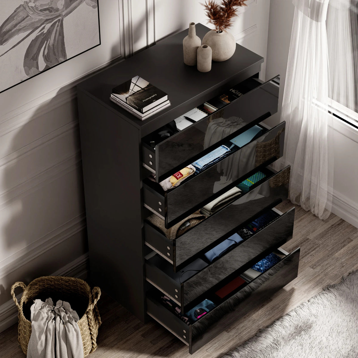 High Gloss Chest of Drawers – Tall & Wide Bedroom Storage Cabinet