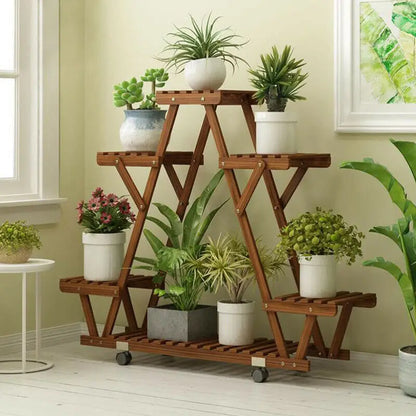 Triangular 6-Pot Carbonized Wood Plant Stand on Wheels - Tiered Display Rack for Balcony & Indoor