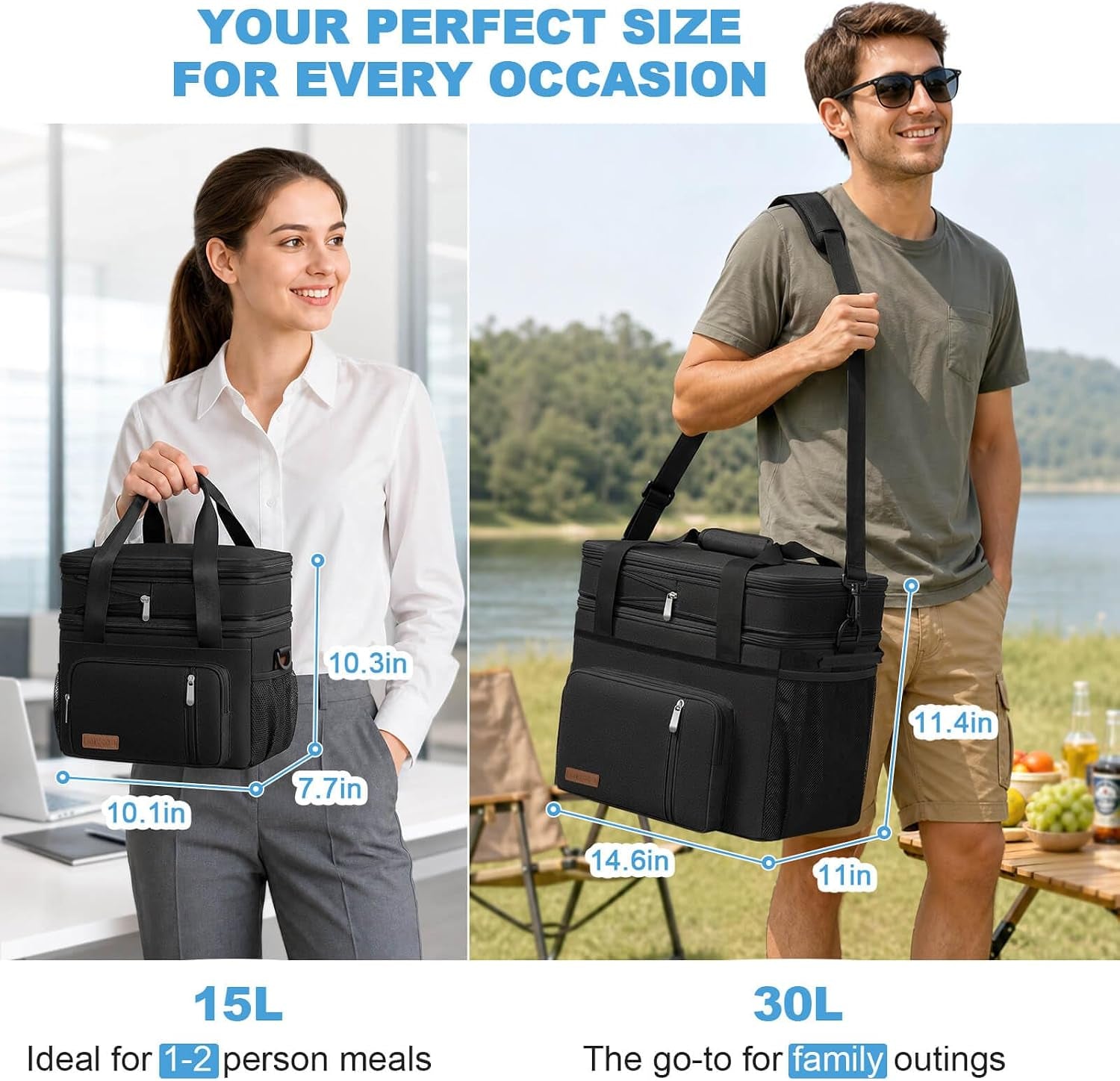 Lunch Bag & Lunch Box for Men Women Double Deck - Leakproof Insulated Soft Large Adult Lunch Cooler Bag for Work Picnic (Black,15L) | Insulated Soft Large Adult Camping Cooler Bag for Work, Beach, Picnic, Travel (Black, 15L)
