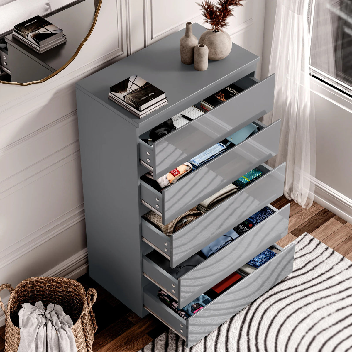 High Gloss Chest of Drawers – Tall & Wide Bedroom Storage Cabinet