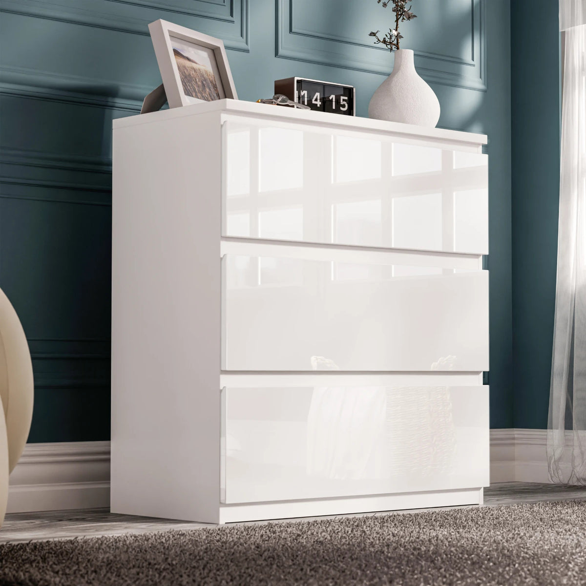 High Gloss Chest of Drawers – Tall & Wide Bedroom Storage Cabinet