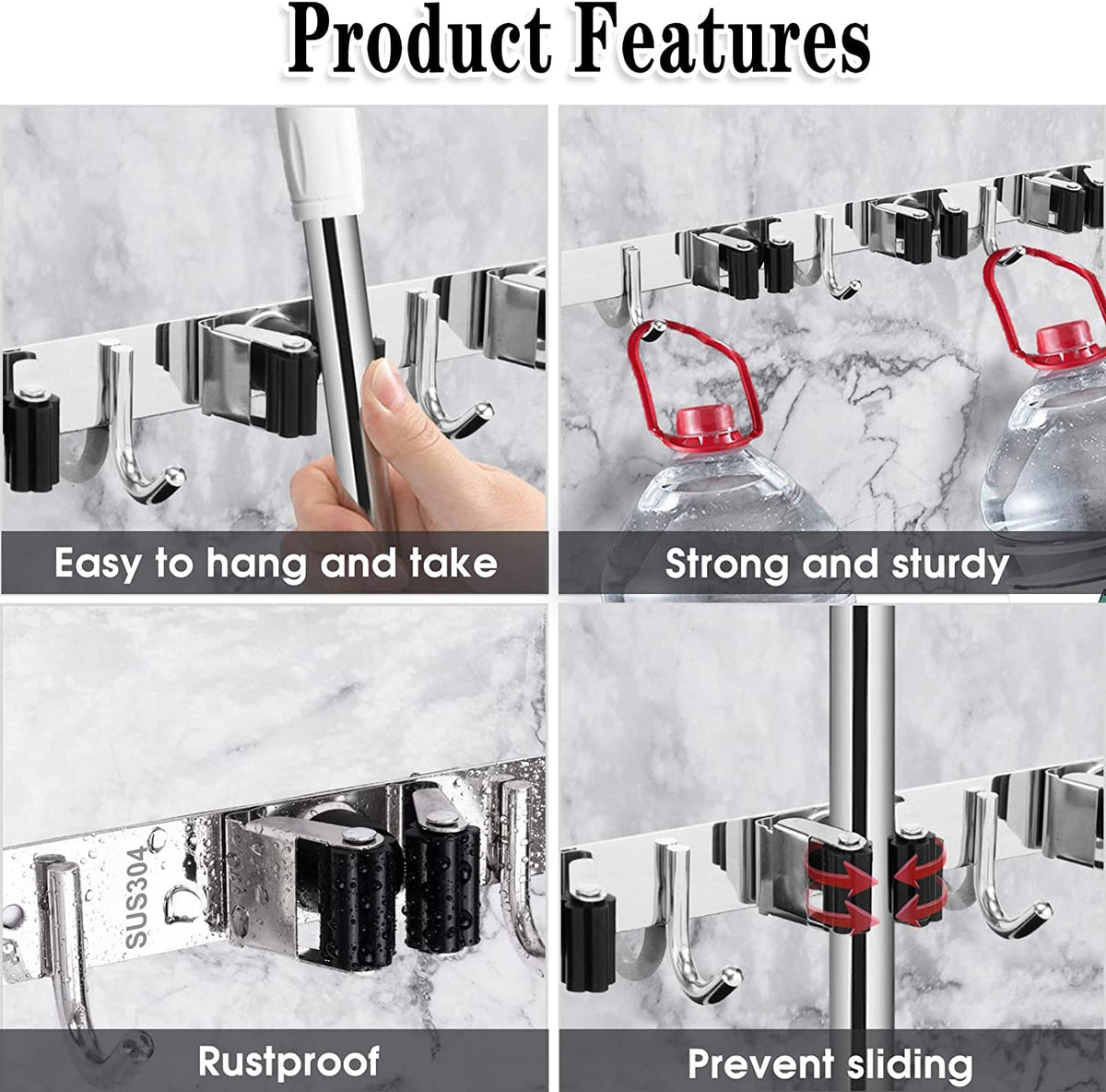 Wall-Mounted Mop & Broom Holder – 9-Slot Stainless Steel Organiser with Hooks