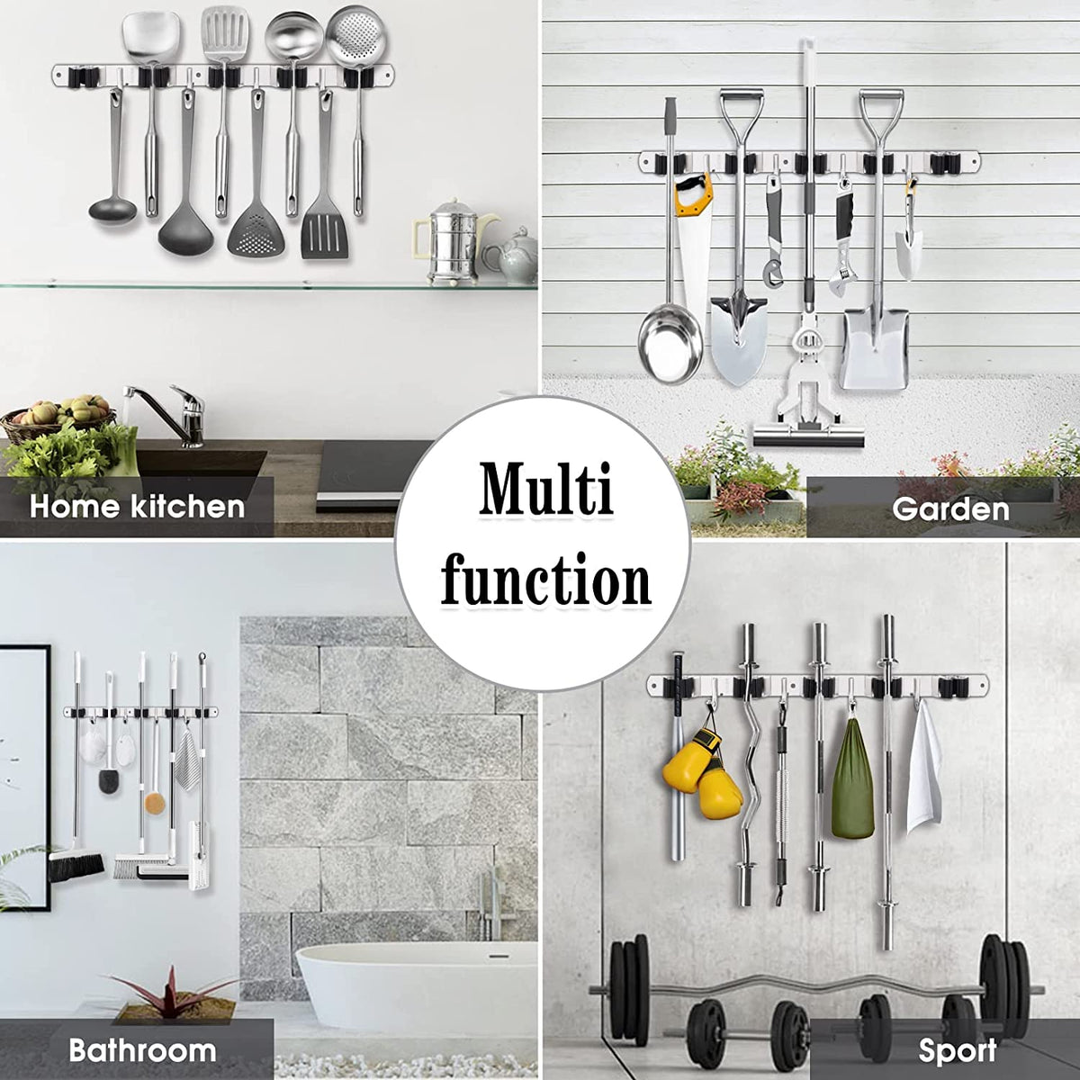 Wall-Mounted Mop & Broom Holder – 9-Slot Stainless Steel Organiser with Hooks