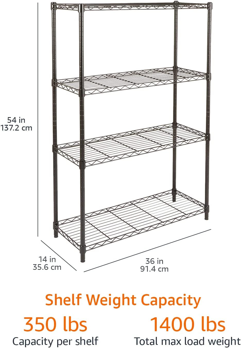 4-Tier Adjustable Storage Shelving Unit – 640kg Capacity (Black, 91.4 x 35.6 x 137.1cm)