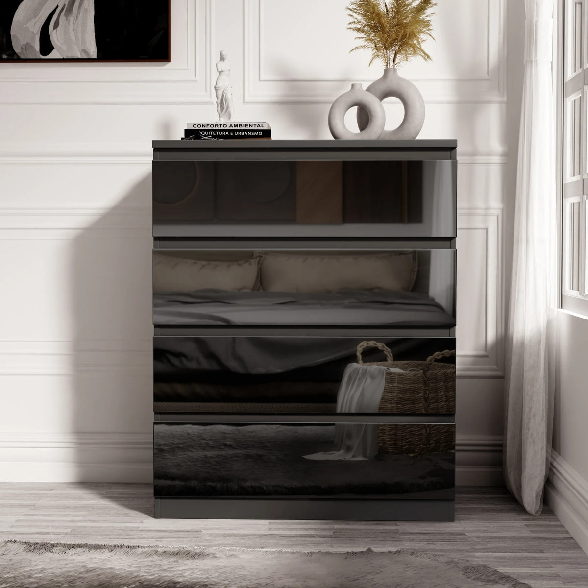 High Gloss Chest of Drawers – Tall & Wide Bedroom Storage Cabinet