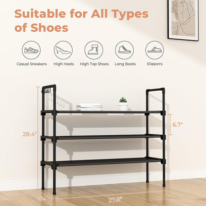 3 Tier Shoe Rack for Closet, Shoe Organizer with 5 Hooks, Long Shoe Shelf Storage for Sneaker and Boot Stackable Free Standing Shoe Rack for Entryway, Garage, Small Spaces, Dorm