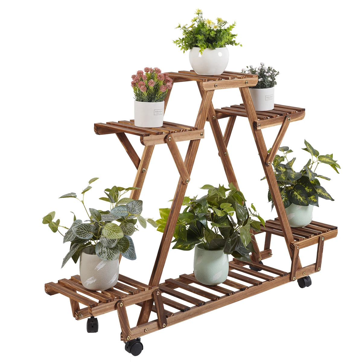 Triangular 6-Pot Carbonized Wood Plant Stand on Wheels - Tiered Display Rack for Balcony & Indoor