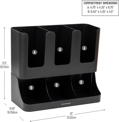 VCCUIOB 6-Compartment Upright Coffee Condiment & Cup Organizer - Sleek Black Design for Breakroom Efficiency