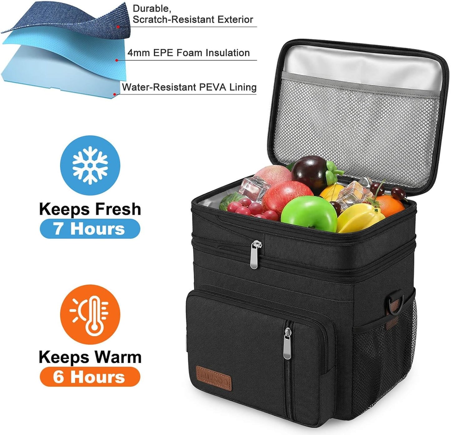 Lunch Bag & Lunch Box for Men Women Double Deck - Leakproof Insulated Soft Large Adult Lunch Cooler Bag for Work Picnic (Black,15L) | Insulated Soft Large Adult Camping Cooler Bag for Work, Beach, Picnic, Travel (Black, 15L)