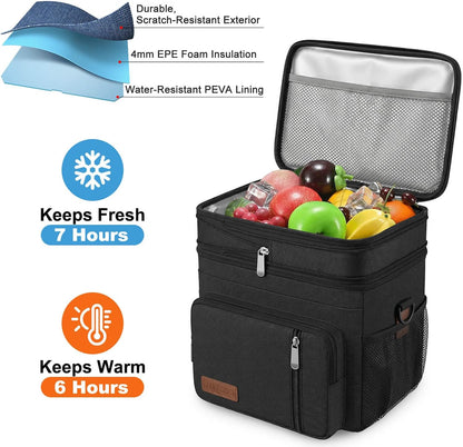 Lunch Bag & Lunch Box for Men Women Double Deck - Leakproof Insulated Soft Large Adult Lunch Cooler Bag for Work Picnic (Black,15L) | Insulated Soft Large Adult Camping Cooler Bag for Work, Beach, Picnic, Travel (Black, 15L)