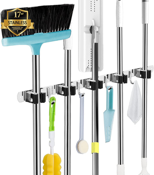 Wall-Mounted Mop & Broom Holder – 9-Slot Stainless Steel Organiser with Hooks