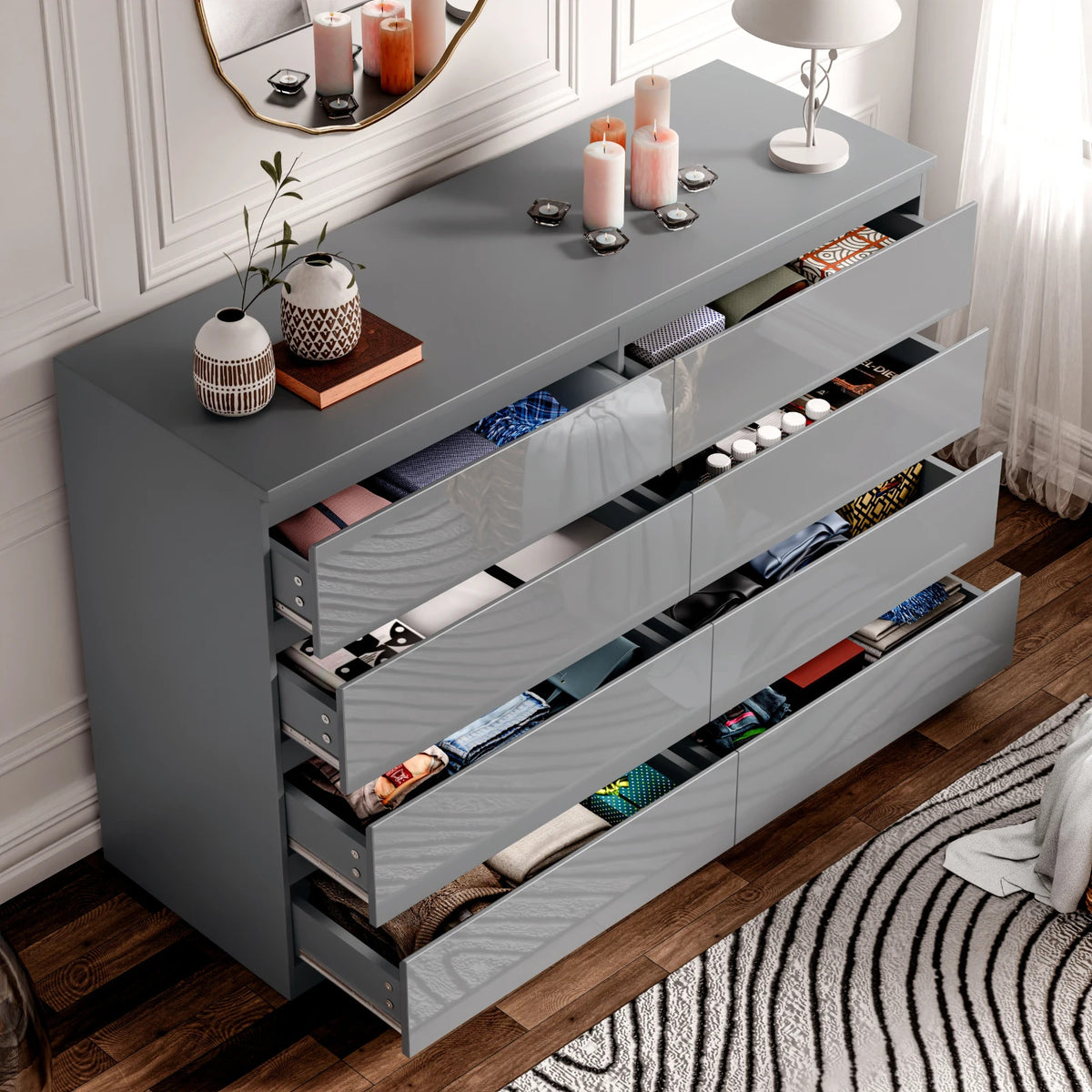 High Gloss Chest of Drawers – Tall & Wide Bedroom Storage Cabinet