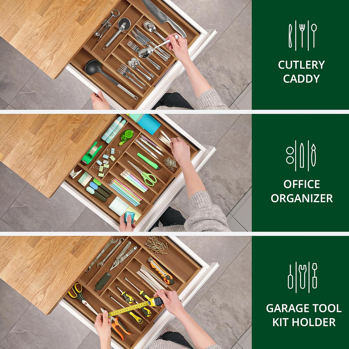 Bamboo Cutlery Tray – 9-Slot Kitchen Drawer Organiser for Flatware & Utensils