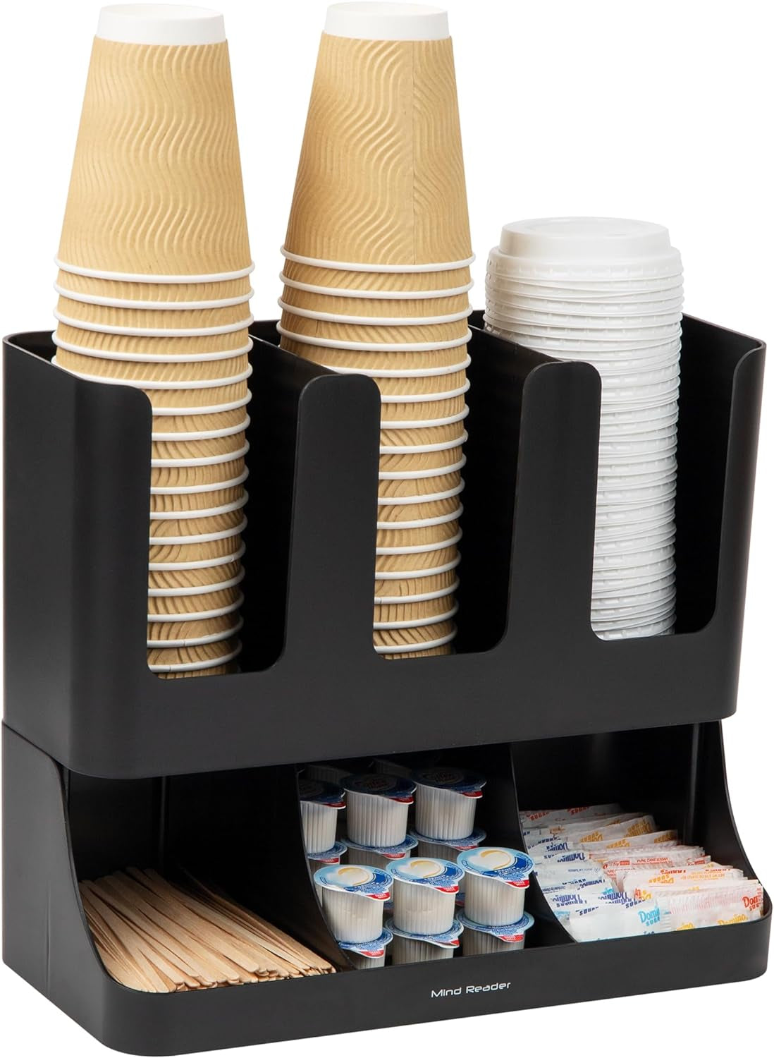 VCCUIOB 6-Compartment Upright Coffee Condiment & Cup Organizer - Sleek Black Design for Breakroom Efficiency