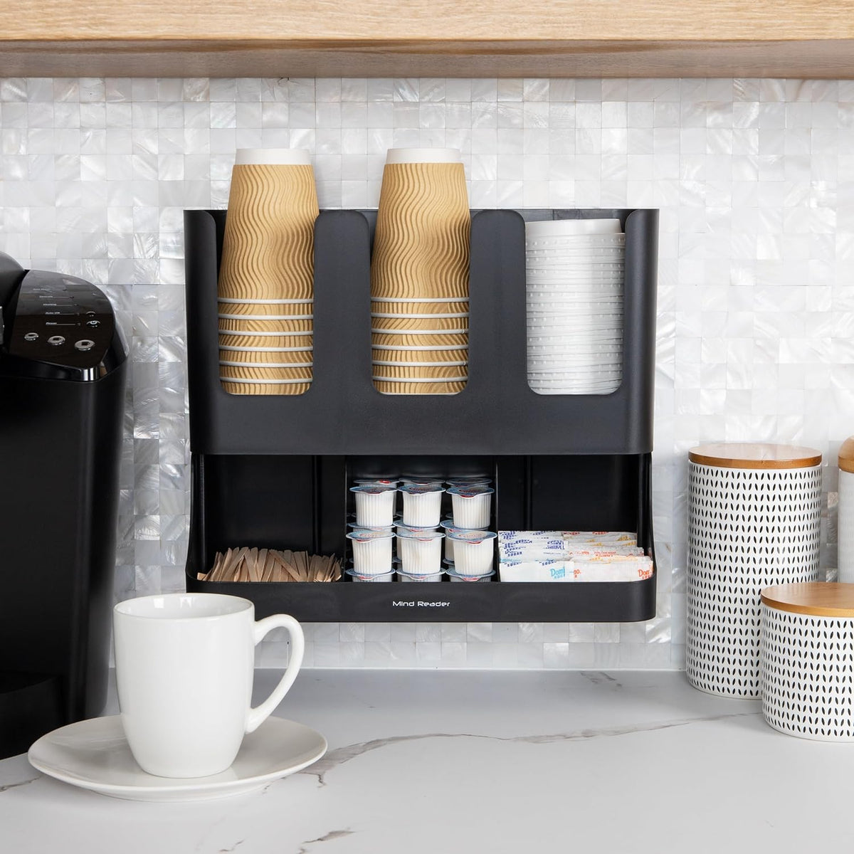 VCCUIOB 6-Compartment Upright Coffee Condiment & Cup Organizer - Sleek Black Design for Breakroom Efficiency