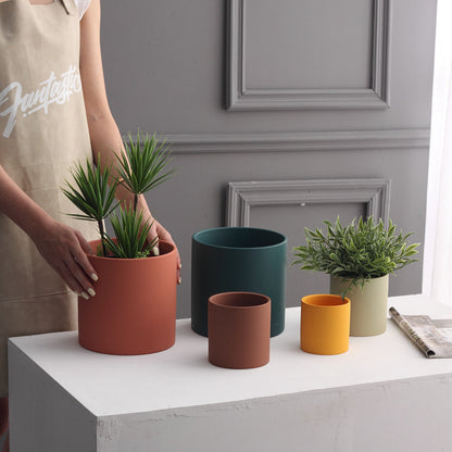 Nordic Ceramic Flowerpot – Cylindrical Succulent Planter with Drainage Tray