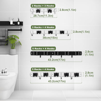 Wall-Mounted Mop & Broom Holder – 9-Slot Stainless Steel Organiser with Hooks