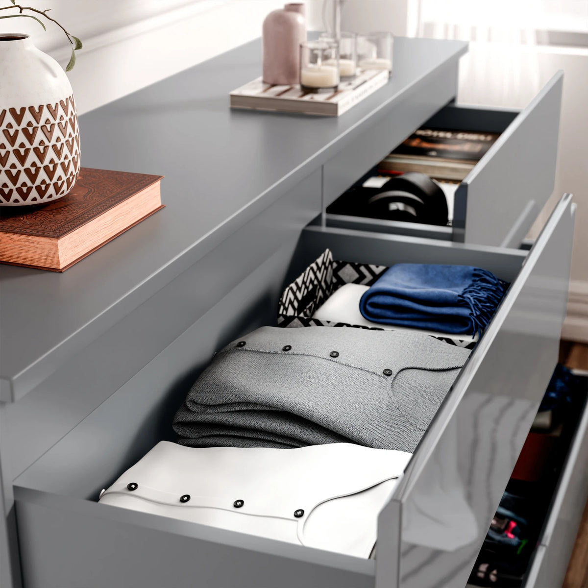 High Gloss Chest of Drawers – Tall & Wide Bedroom Storage Cabinet