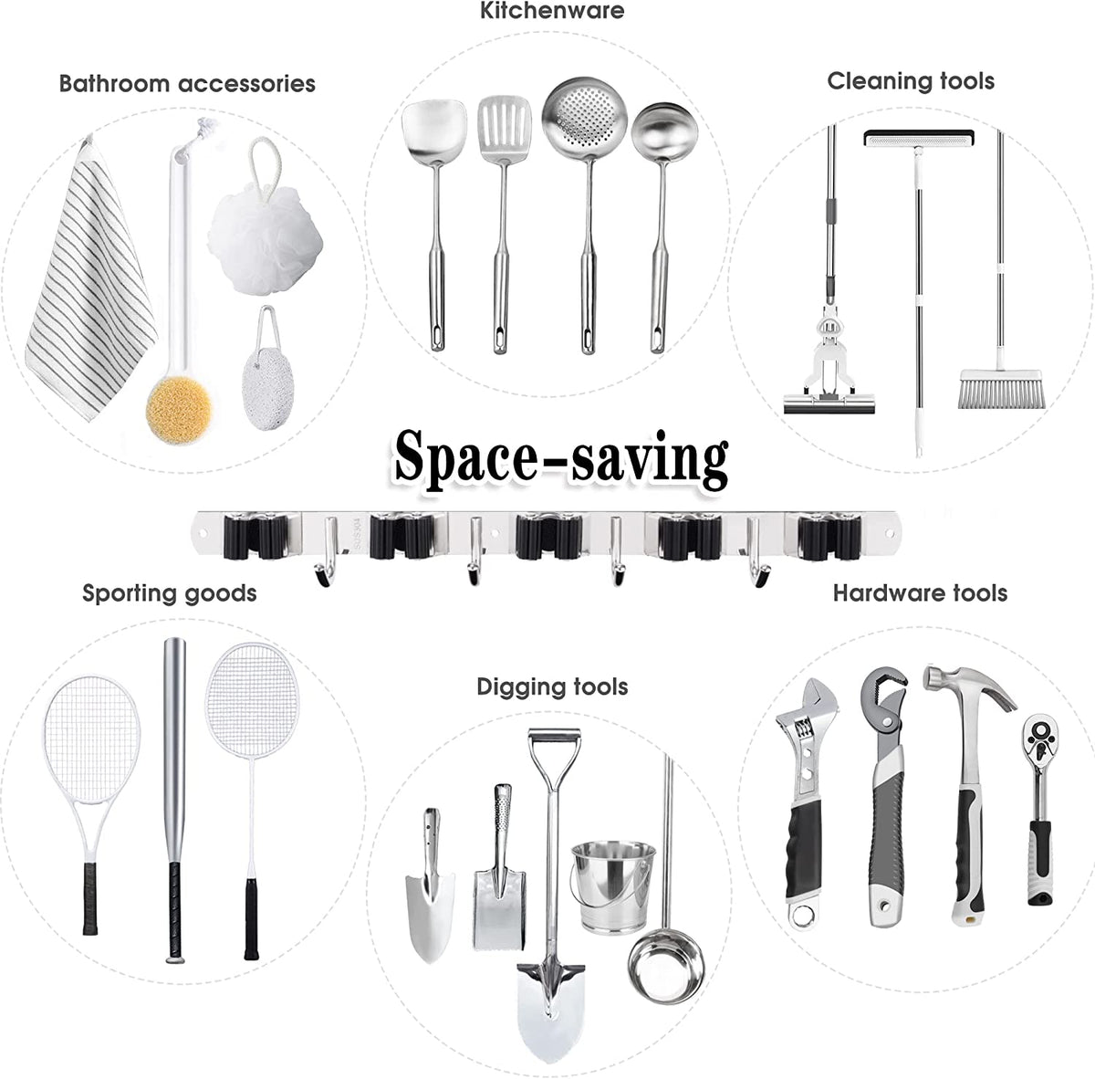 Wall-Mounted Mop & Broom Holder – 9-Slot Stainless Steel Organiser with Hooks