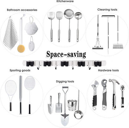 Wall-Mounted Mop & Broom Holder – 9-Slot Stainless Steel Organiser with Hooks