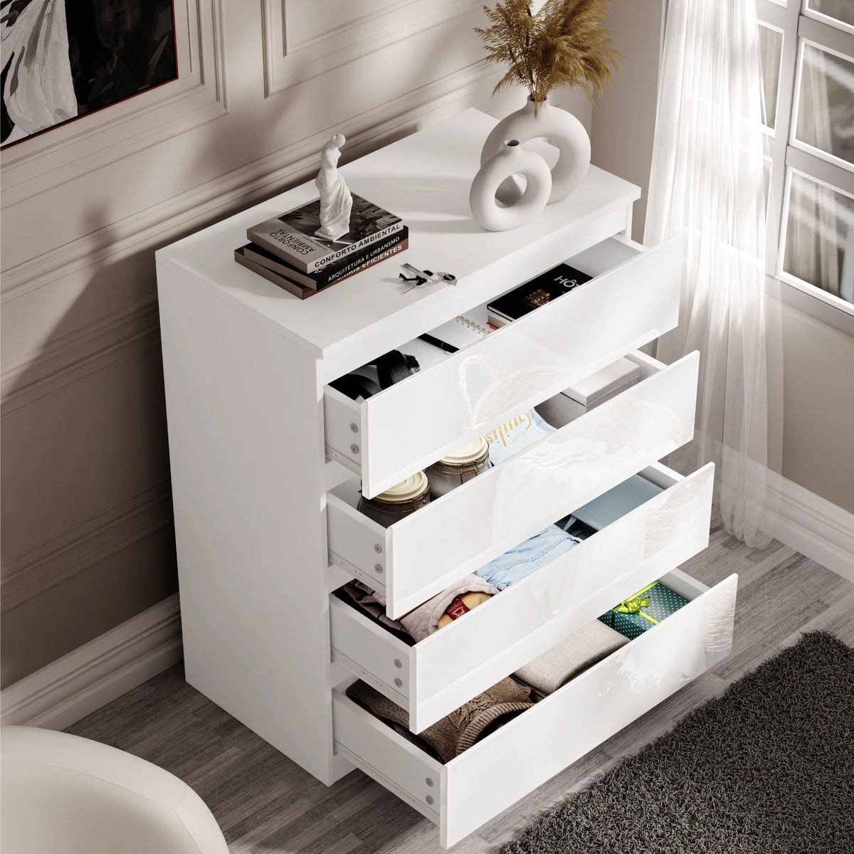 High Gloss Chest of Drawers – Tall & Wide Bedroom Storage Cabinet