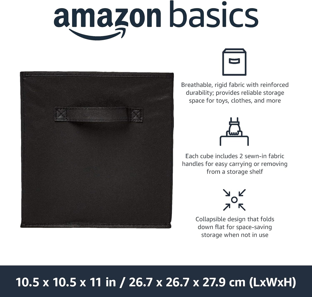 Collapsible Fabric Storage Cube/Organiser with Handles, Pack of 6, Solid Black, 26.6 X 26.6 X 27.9 Cm