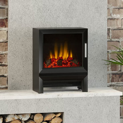 Qube Matt Black Electric Stove Heater - 2kW Freestanding Fireplace with Realistic Flame Effect