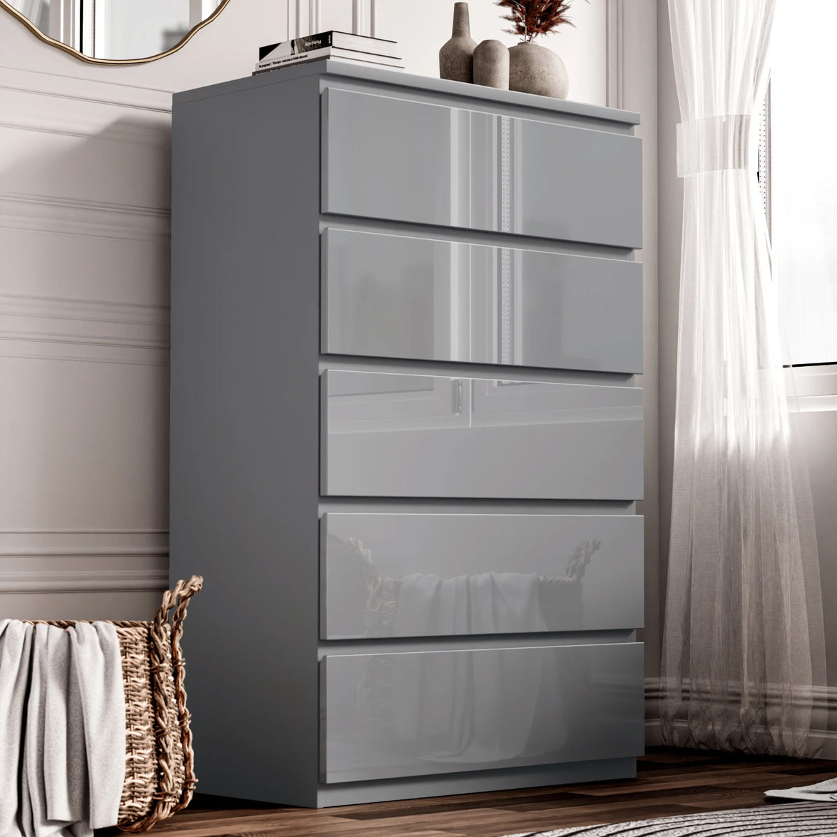High Gloss Chest of Drawers – Tall & Wide Bedroom Storage Cabinet
