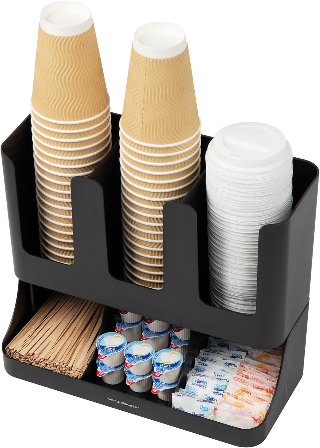 VCCUIOB 6-Compartment Upright Coffee Condiment & Cup Organizer - Sleek Black Design for Breakroom Efficiency