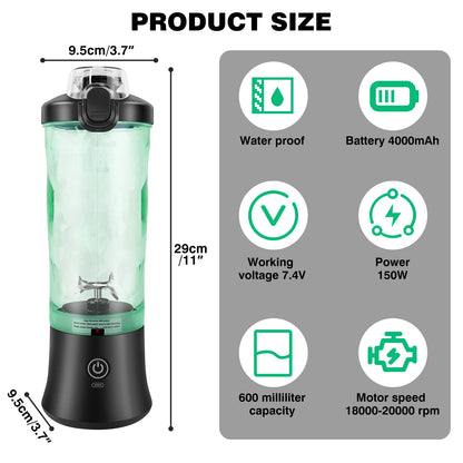 600ml Portable USB Rechargeable Mini Blender - Personal Smoothie & Ice Crusher