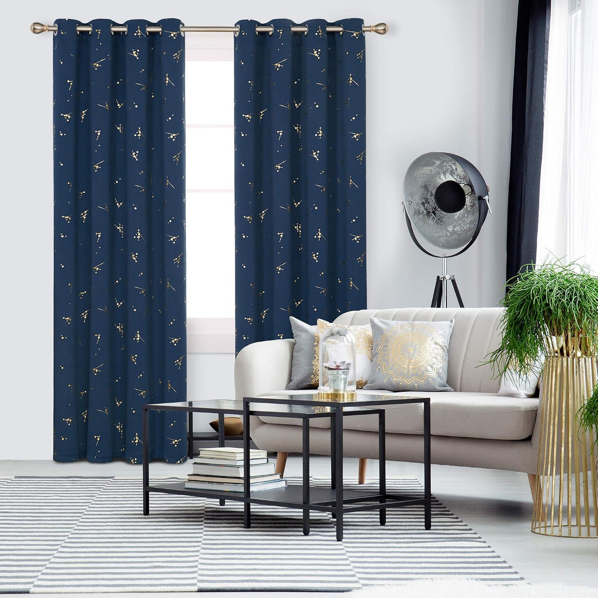Gold Constellation Blackout Curtains – Thermal Insulated Eyelet Curtains, Navy Blue (2 Panels, 46 x 54")