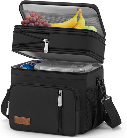 Lunch Bag & Lunch Box for Men Women Double Deck - Leakproof Insulated Soft Large Adult Lunch Cooler Bag for Work Picnic (Black,15L) | Insulated Soft Large Adult Camping Cooler Bag for Work, Beach, Picnic, Travel (Black, 15L)