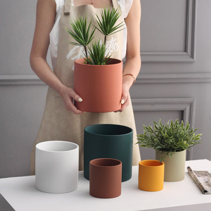 Nordic Ceramic Flowerpot – Cylindrical Succulent Planter with Drainage Tray