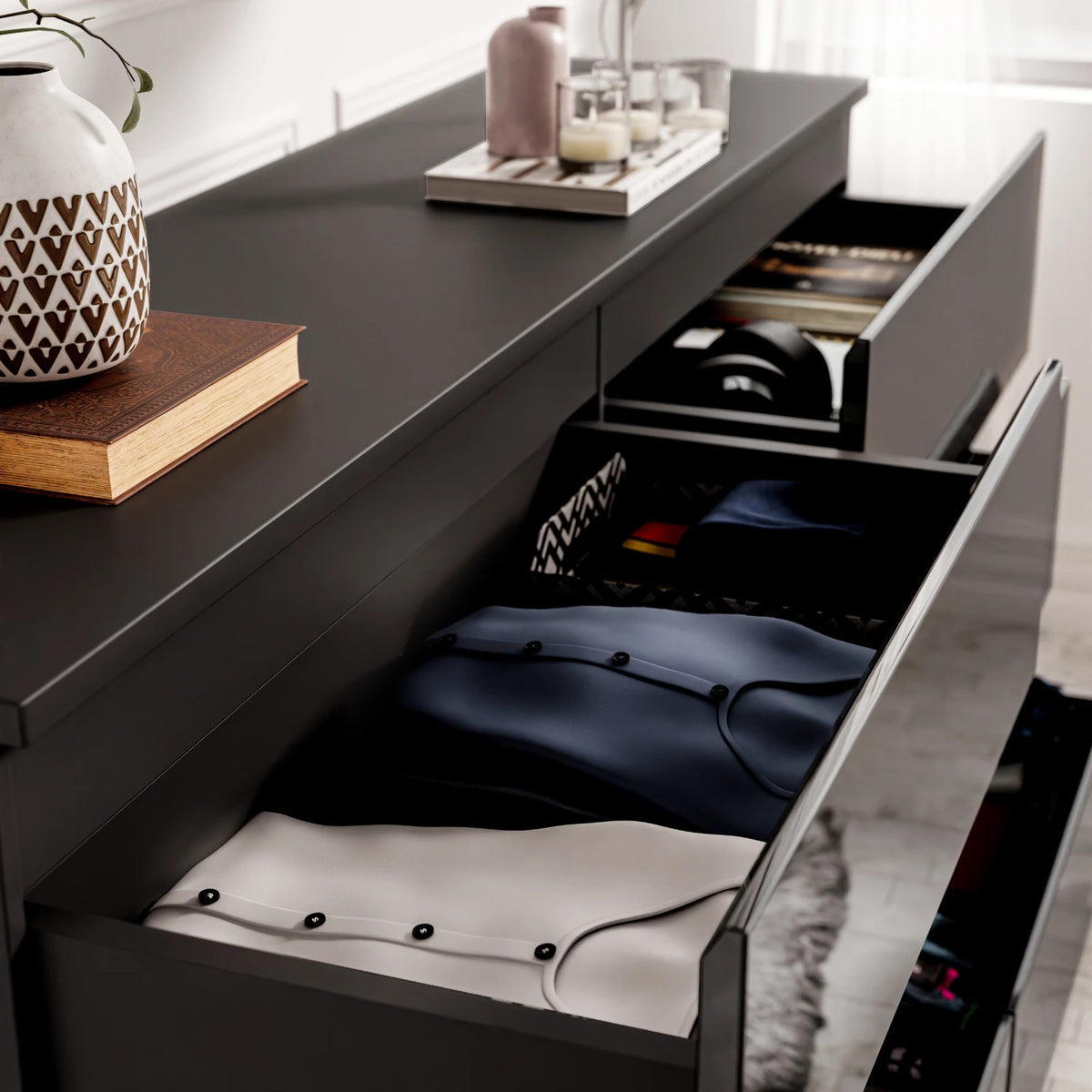 High Gloss Chest of Drawers – Tall & Wide Bedroom Storage Cabinet