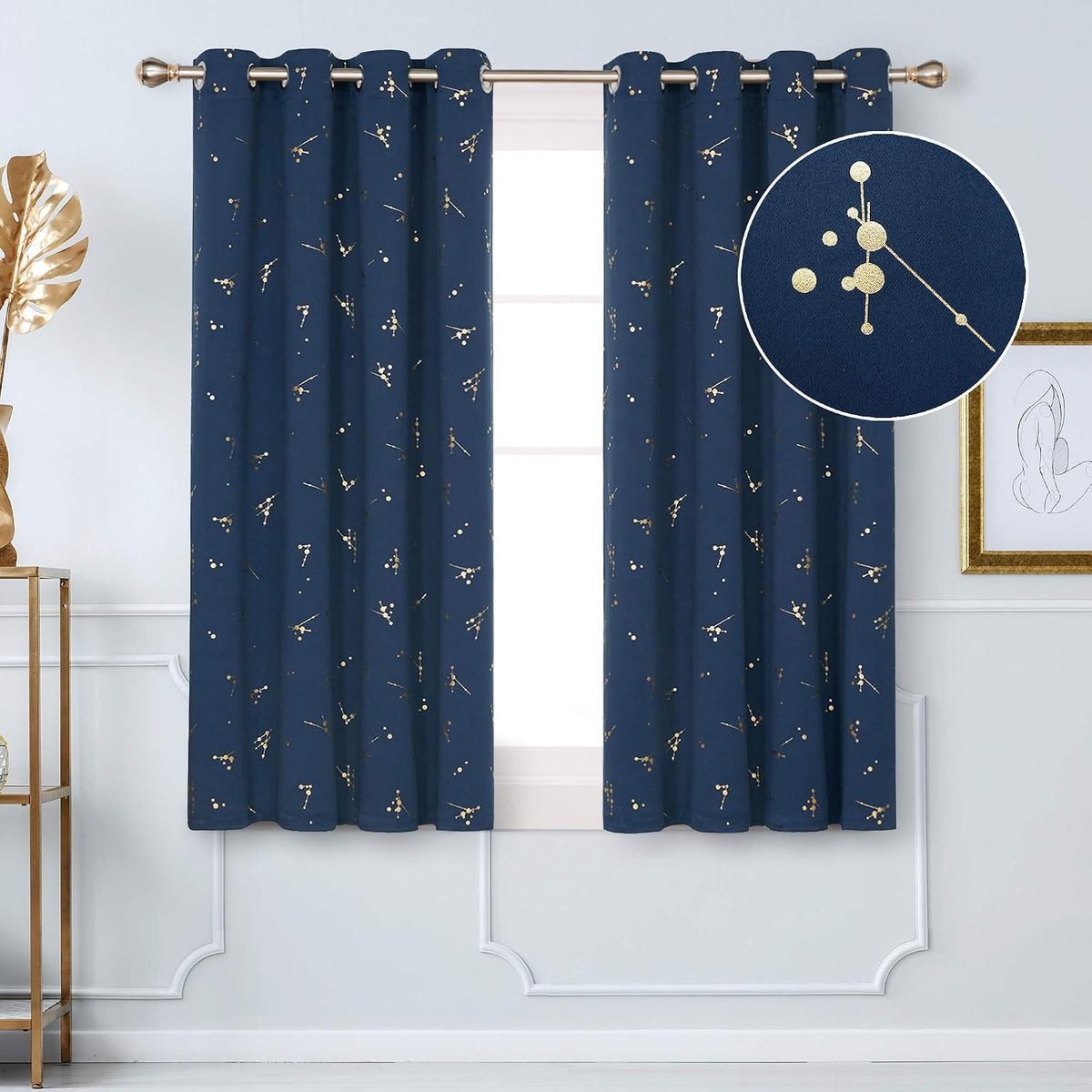 Gold Constellation Blackout Curtains – Thermal Insulated Eyelet Curtains, Navy Blue (2 Panels, 46 x 54")