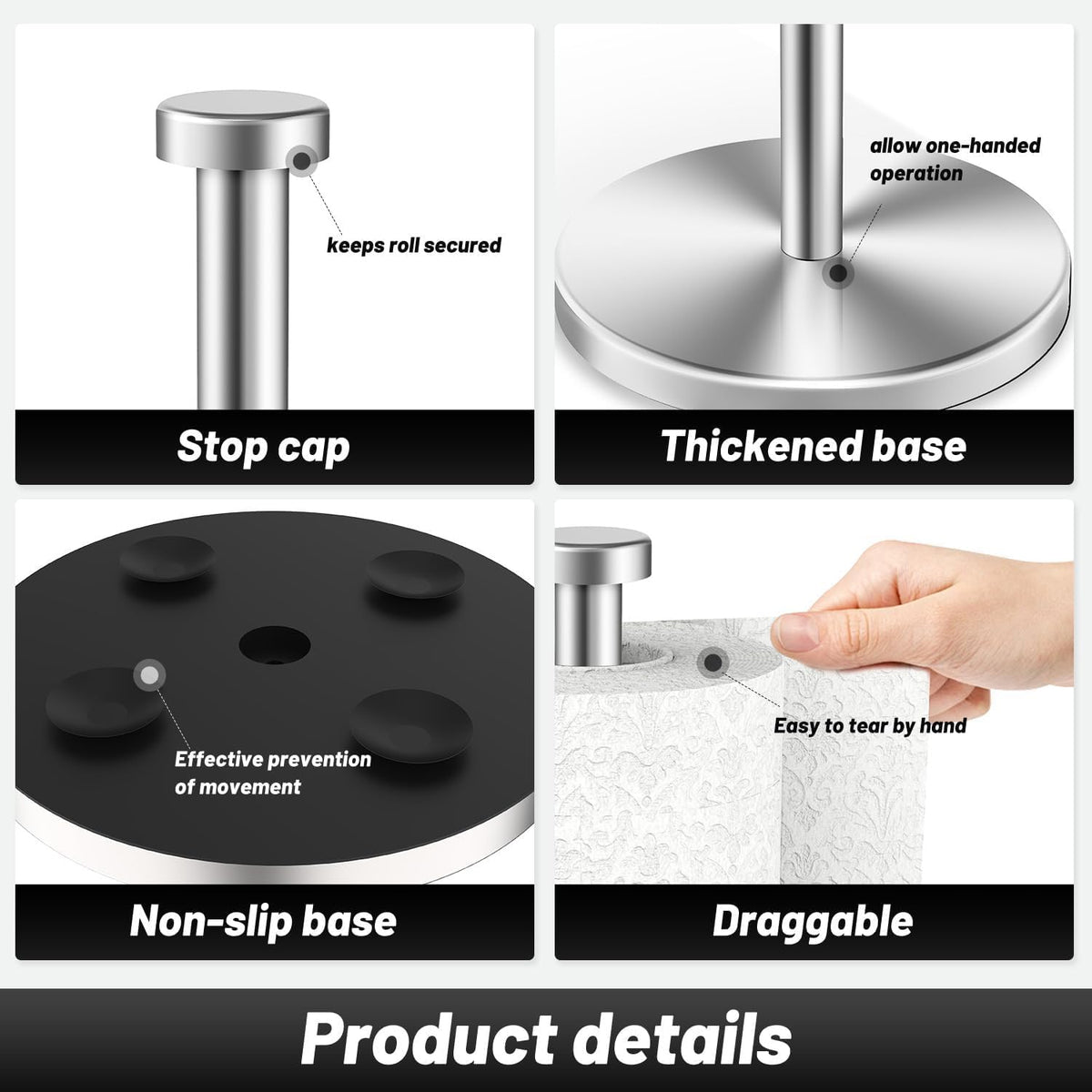 Kitchen Roll Holder, Paper Towel Holder with Weighted Base, Silver