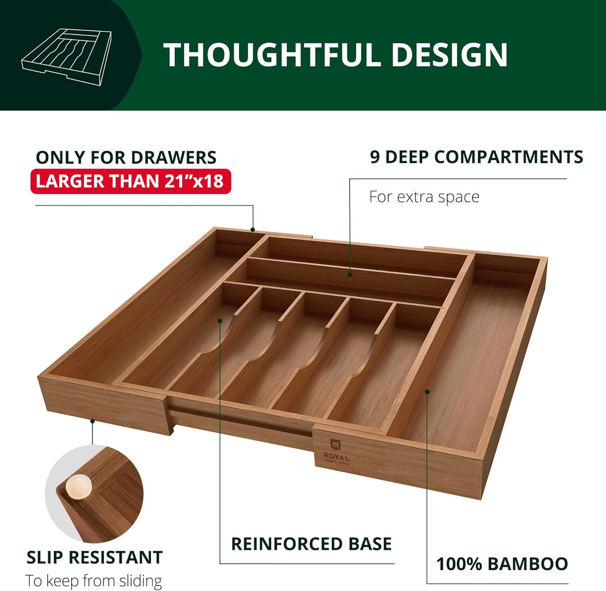 Bamboo Cutlery Tray – 9-Slot Kitchen Drawer Organiser for Flatware & Utensils