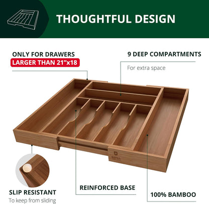 Bamboo Cutlery Tray – 9-Slot Kitchen Drawer Organiser for Flatware & Utensils