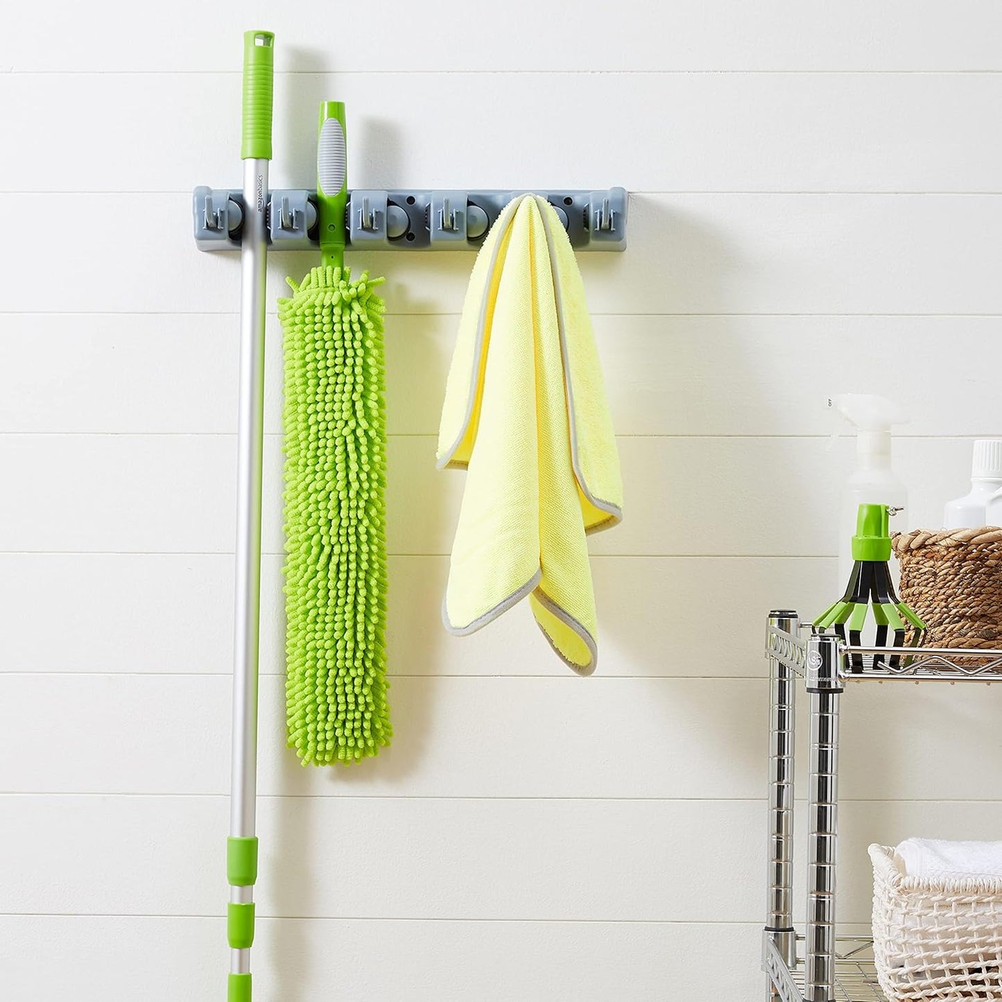 Rectangular Wall Mount Broom Holder and Garden Tool Organizer, 6 Hook and 5 Slot, 43 X 8.5 X 6.2 Cm, Gray