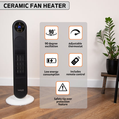 Electric Heater Energy Efficient, Ceramic Tower Fan, Silent, by Nuovva